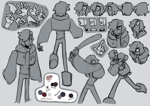 A character turnaround and exploration sheet. Shows various head and hand angles as well as poses
